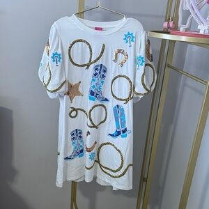 QUEEN OF SPARKLES White Dress with Blue and Gold Accents